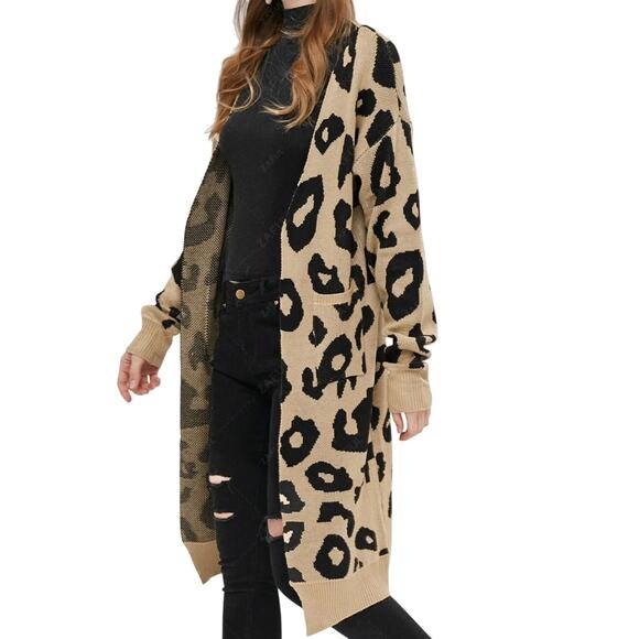 Angashion Leopard Print Knit Long Cardigan Sweater Medium - Picture 1 of 5